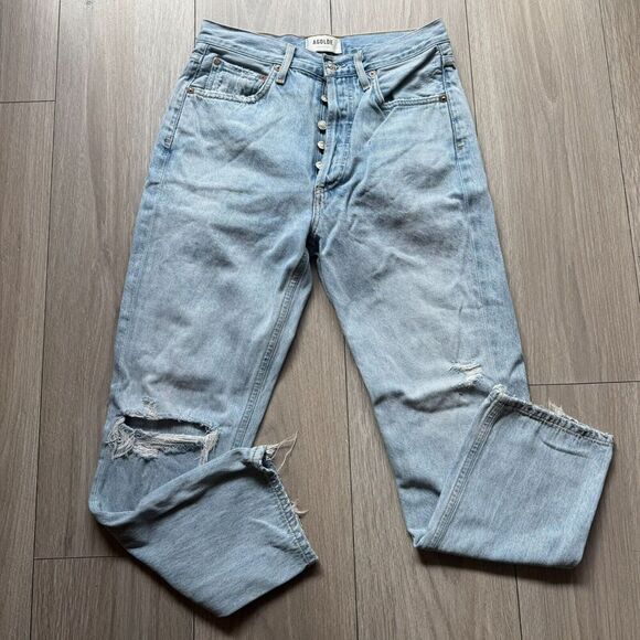 Agolde Jeans Adult 26 Blue Denim Riley High Rise Straight Crop Faded Distressed - Picture 1 of 14